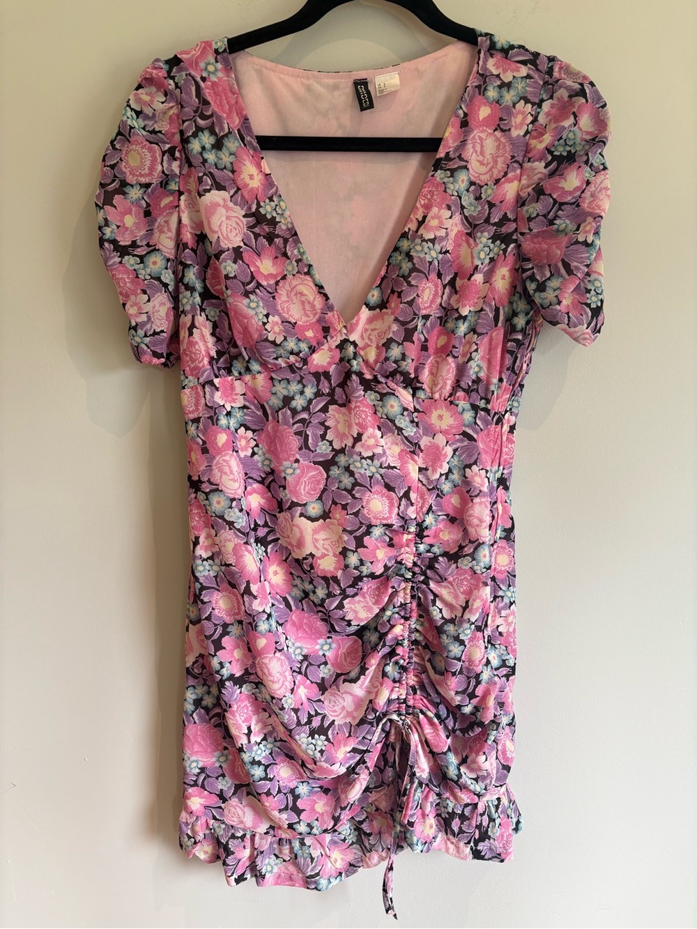 H&M Pink Floral Ruched Mini Dress Puff Sleeve